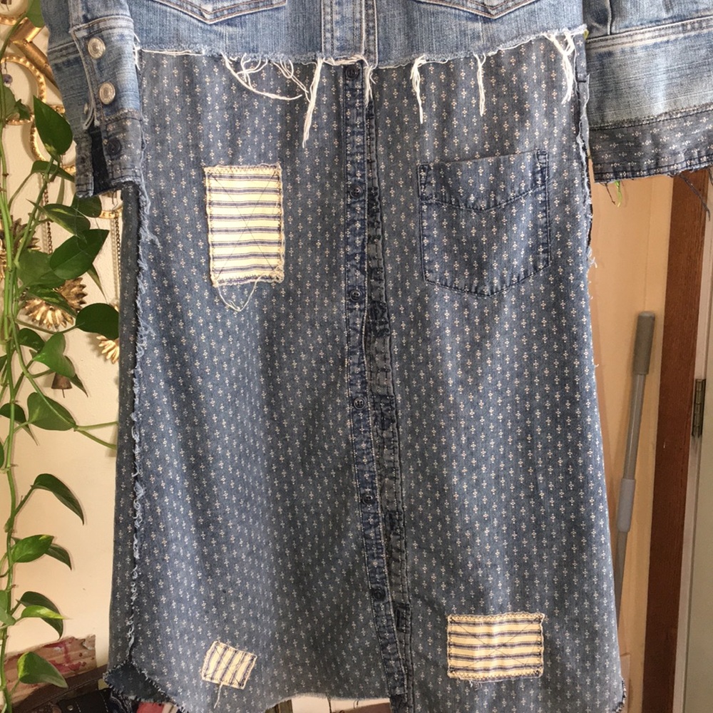 Upcycled patched fringed and frayed denim duster jean jacket - Picture 8 of 16